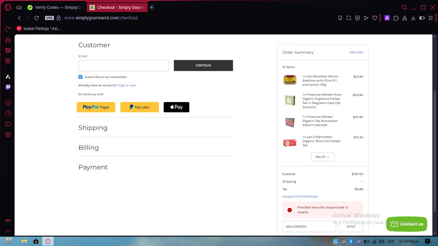 Simply Gourmand coupon code screenshot showing code WELCOME15% applied at Simply Gourmand checkout page. Uploaded by SimplyCodes community member PennySpotter2417 on Nov 23, 2025