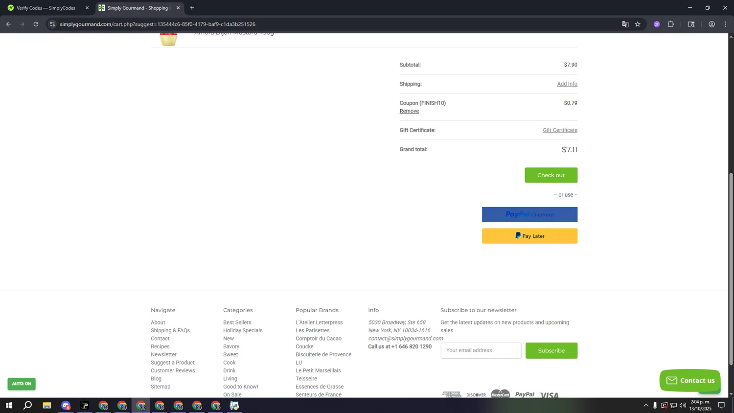 Simply Gourmand checkout page showing Simply Gourmand coupon code box | Screenshot taken by SimplyCodes community member on Oct 13, 2025