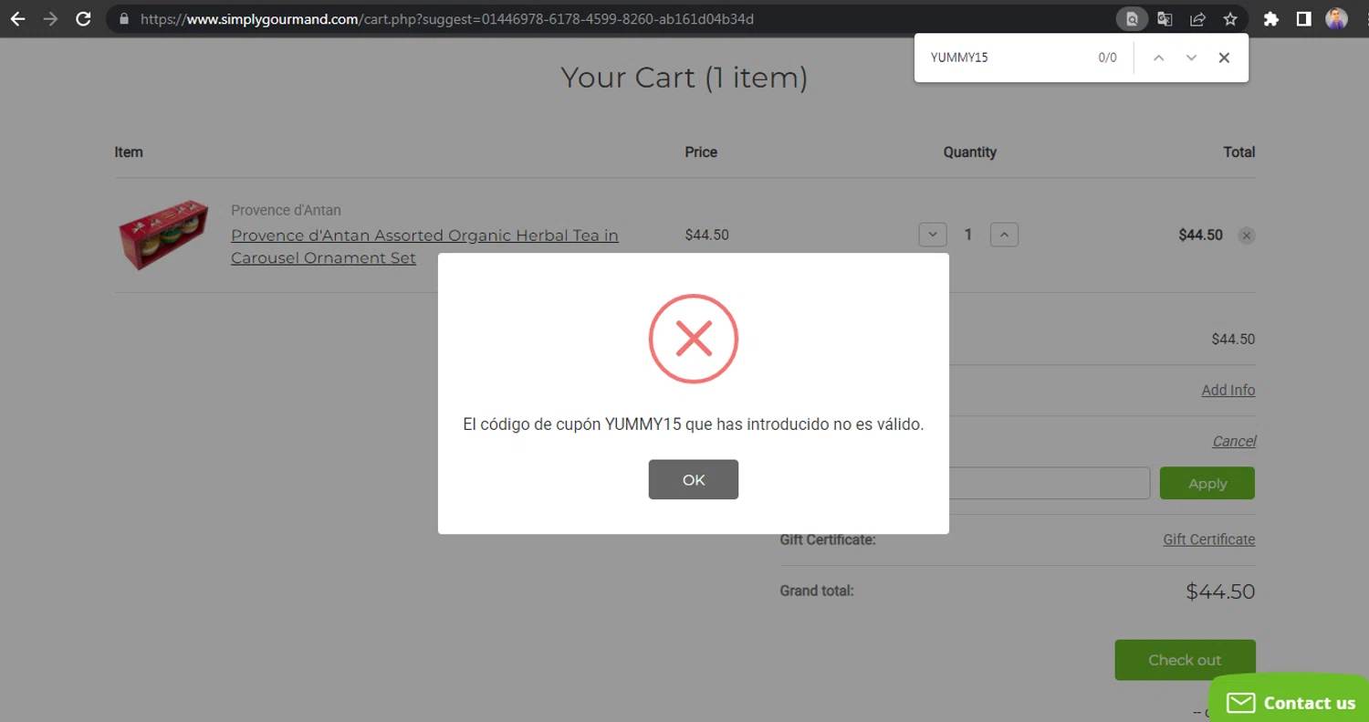 Simply Gourmand coupon code screenshot showing code YUMMY15 applied at Simply Gourmand checkout page. Uploaded by SimplyCodes community member HUNTER1406 on Jan 7, 2026