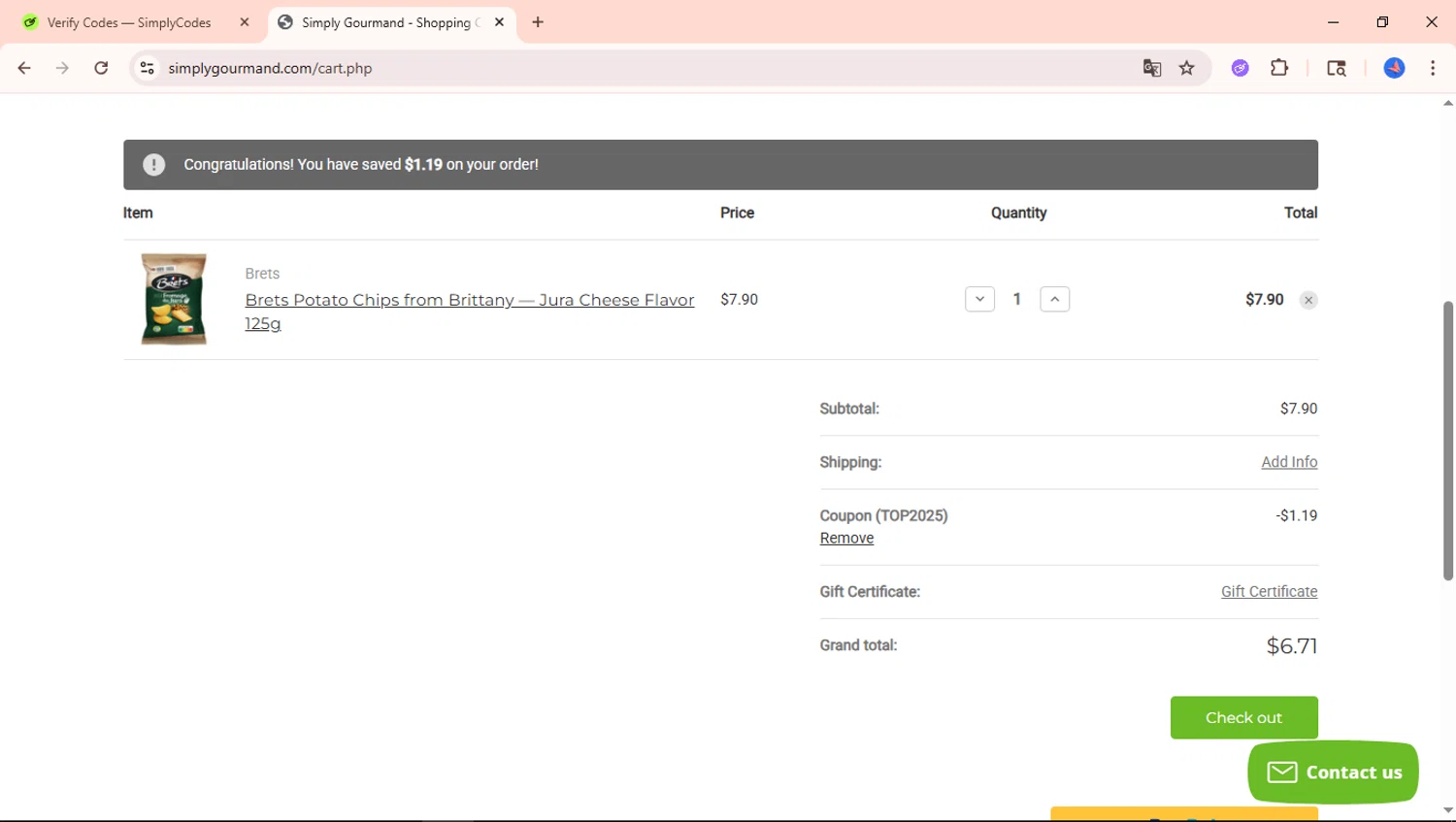 Simply Gourmand checkout page showing Simply Gourmand coupon code box | Screenshot taken by SimplyCodes community member on Jan 13, 2026