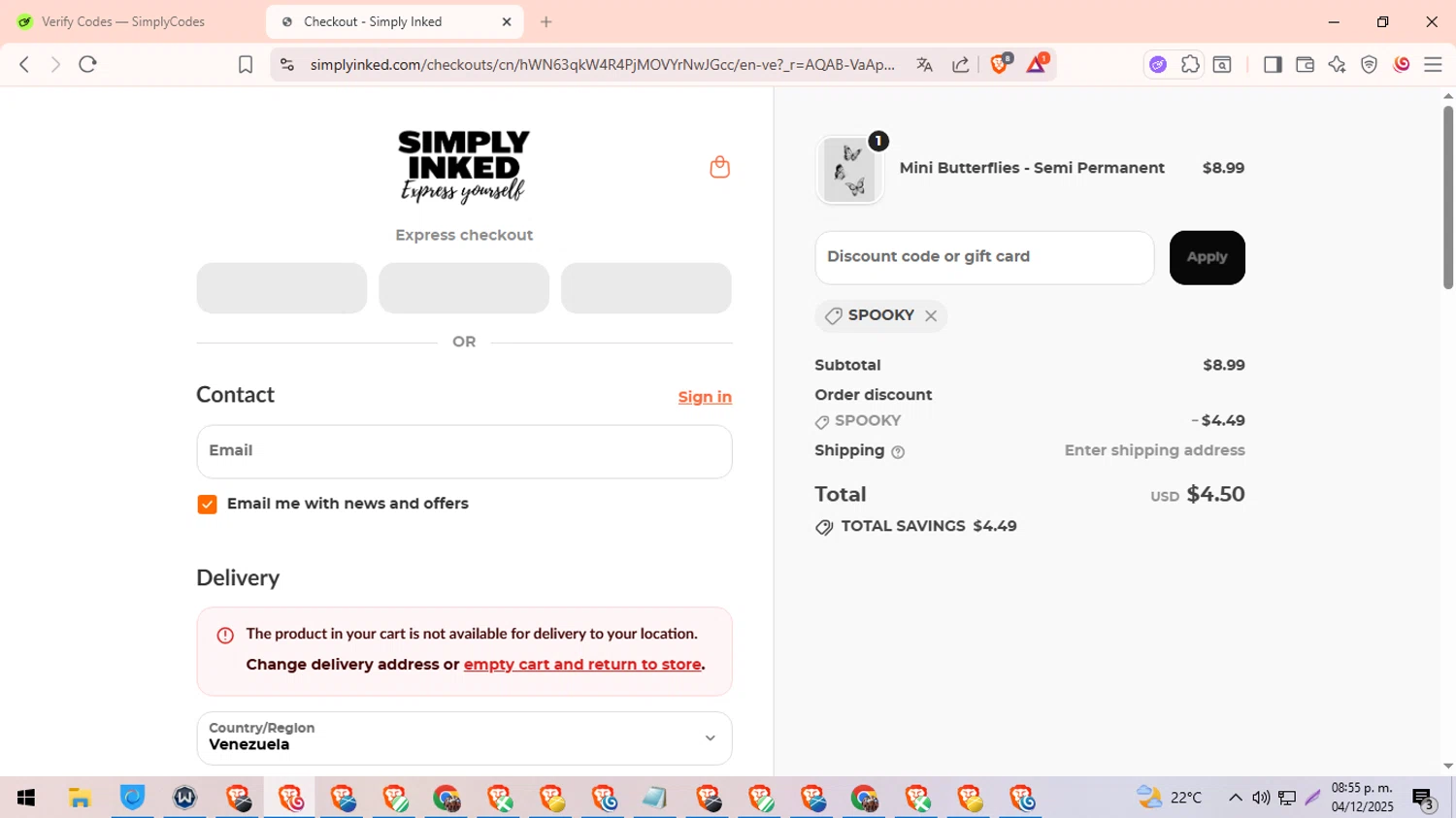 Simply Inked promo code screenshot showing code SPOOKY applied at Simply Inked checkout page. Uploaded by SimplyCodes community member Ingeniero on Dec 5, 2025