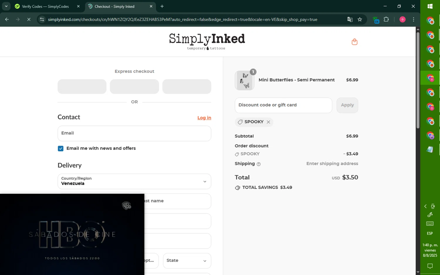 Simply Inked promo code screenshot showing code SPOOKY applied at Simply Inked checkout page. Uploaded by SimplyCodes community member RebateNavigator926 on Aug 8, 2025
