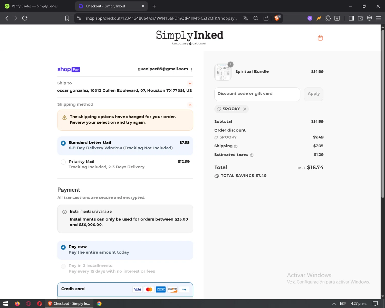Simply Inked promo code screenshot showing code SPOOKY applied at Simply Inked checkout page. Uploaded by SimplyCodes community member mixelis on Jul 26, 2025