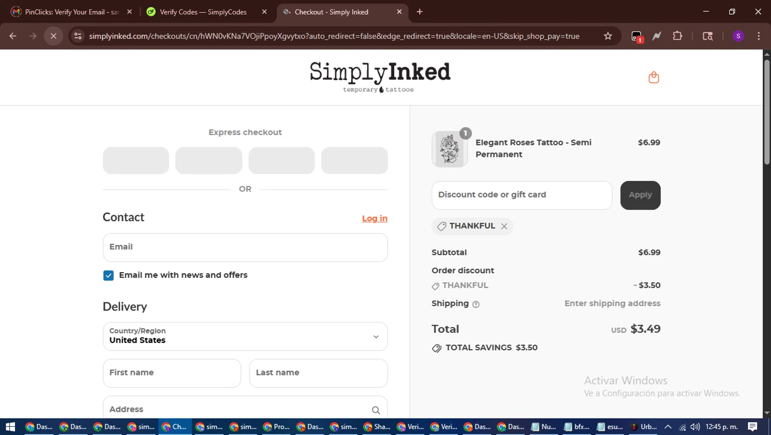 Simply Inked promo code screenshot showing code THANKFUL applied at Simply Inked checkout page. Uploaded by SimplyCodes community member ShieldWarden7838 on Jul 22, 2025