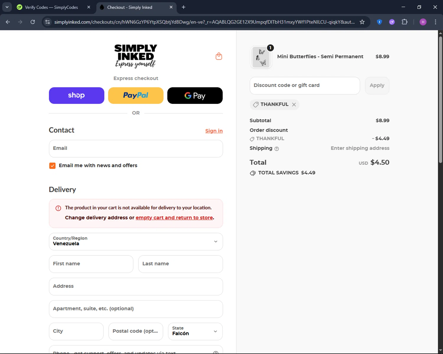 Simply Inked promo code screenshot showing code THANKFUL applied at Simply Inked checkout page. Uploaded by SimplyCodes community member TokenNavigator6891 on Dec 10, 2025