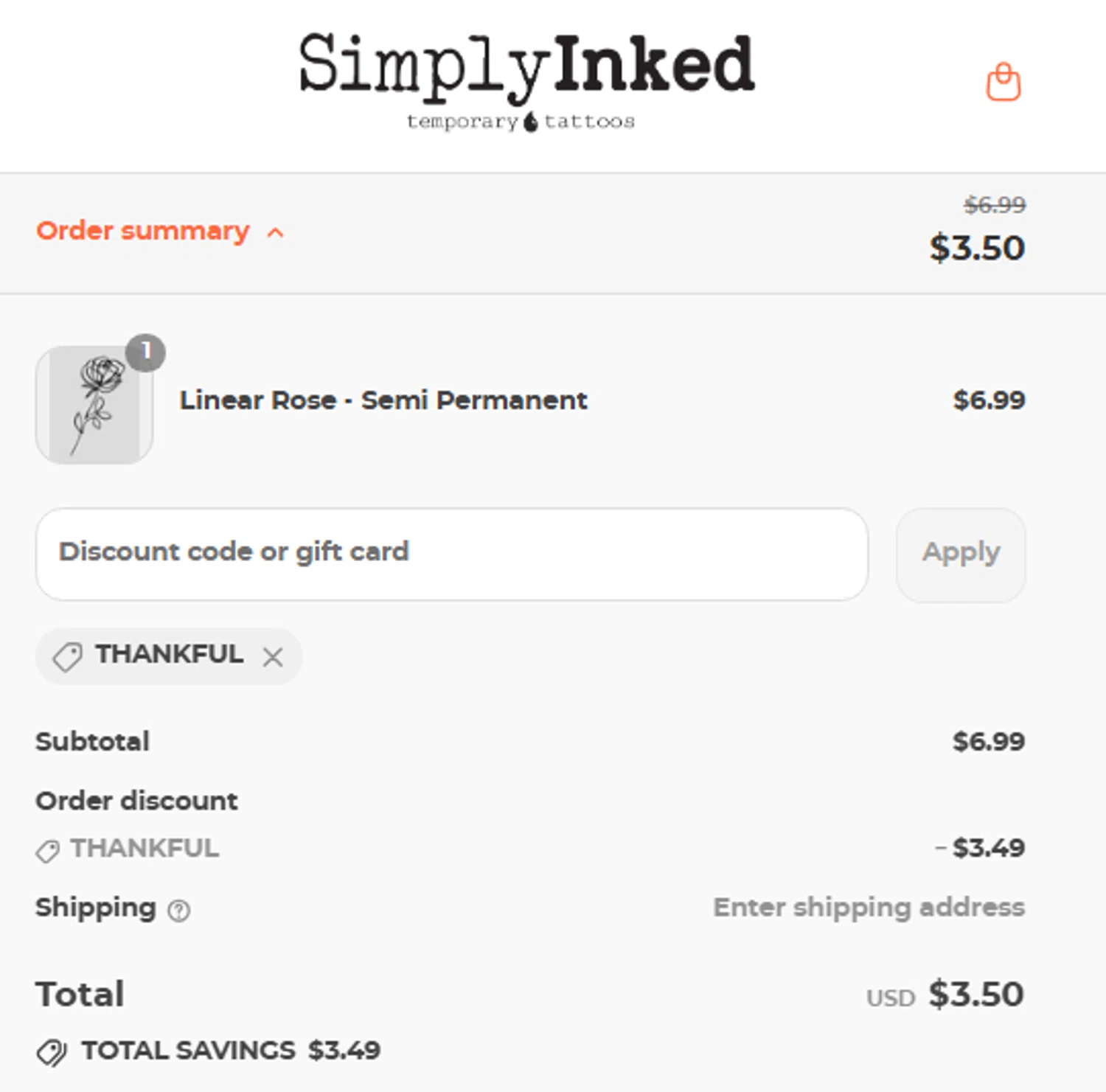 Simply Inked promo code screenshot showing code THANKFUL applied at Simply Inked checkout page. Uploaded by SimplyCodes community member pinkman on Aug 16, 2025