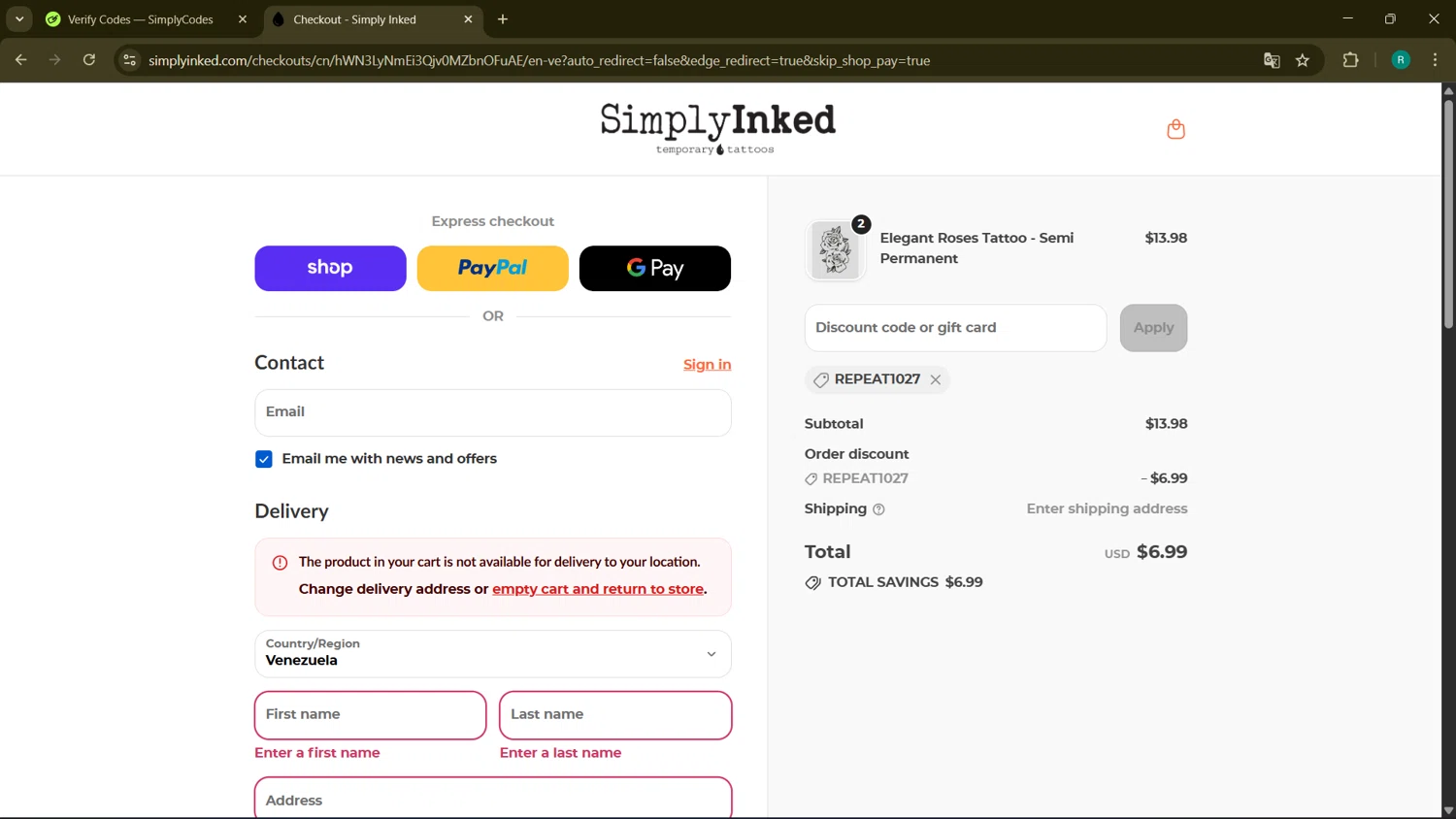 Simply Inked promo code screenshot showing code REPEAT1027 applied at Simply Inked checkout page. Uploaded by SimplyCodes community member BargainMonarch6495 on Sep 24, 2025