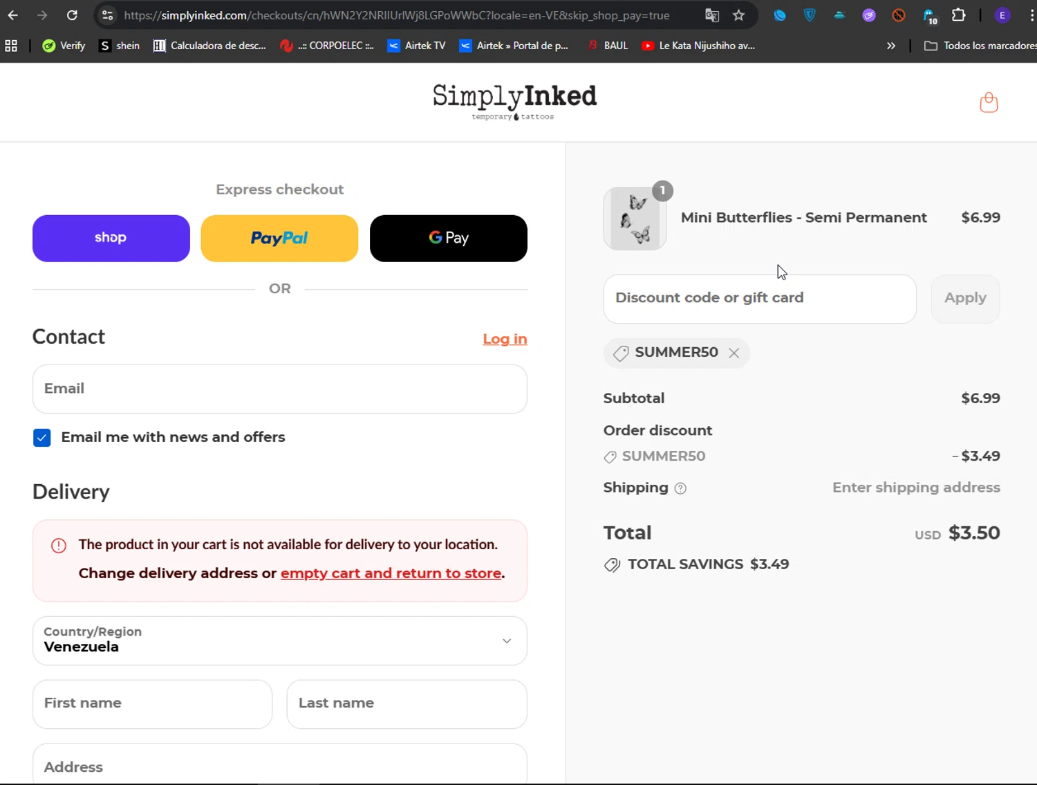 Simply Inked promo code screenshot showing code SUMMER50 applied at Simply Inked checkout page. Uploaded by SimplyCodes community member LuckyFinder274 on Sep 3, 2025