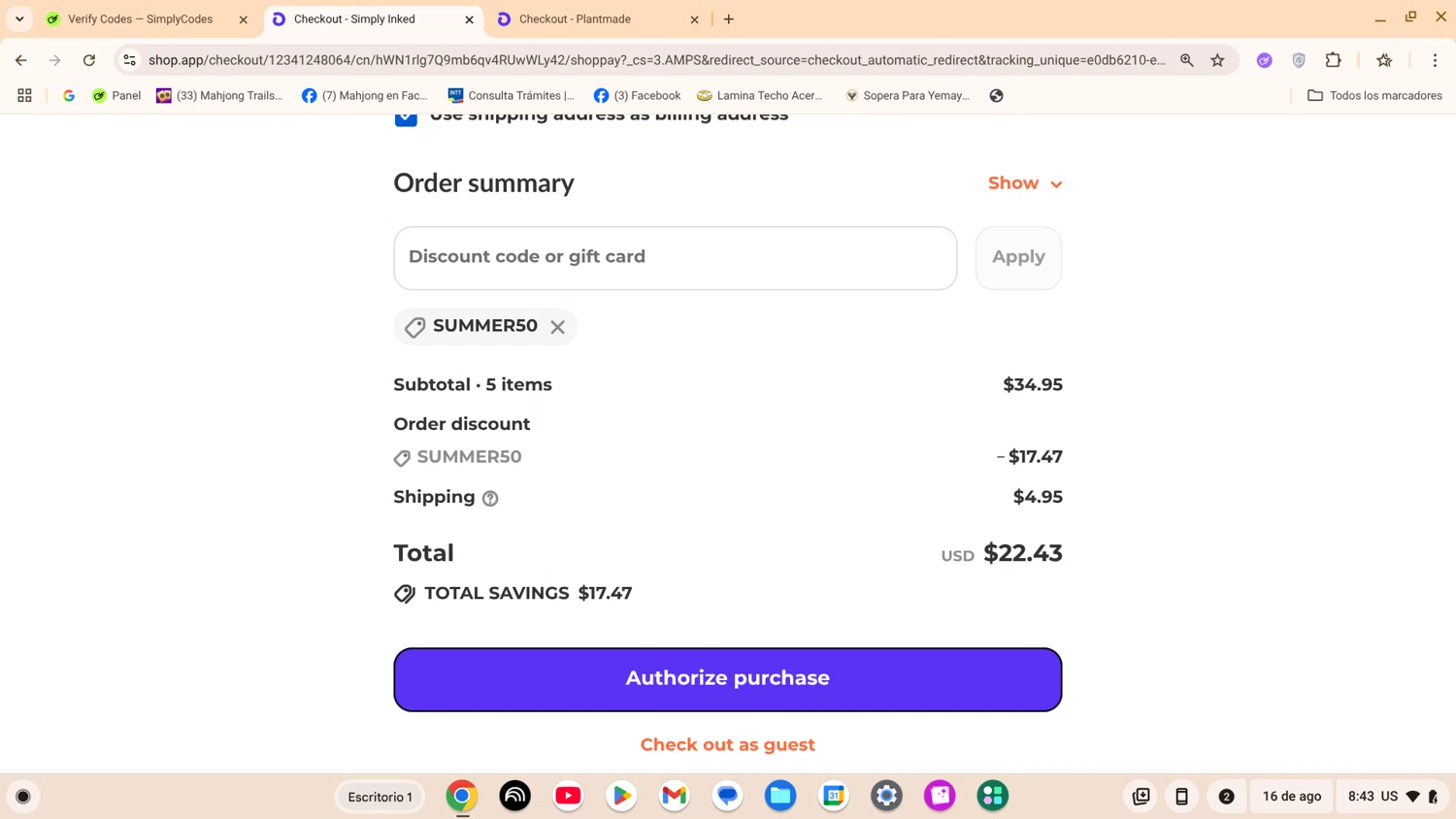 Simply Inked promo code screenshot showing code SUMMER50 applied at Simply Inked checkout page. Uploaded by SimplyCodes community member ShrewdExpert7367 on Aug 16, 2025