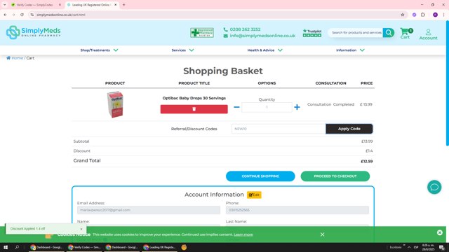 Simply Meds checkout page showing Simply Meds discount code box | Screenshot taken by SimplyCodes community member on Aug 28, 2025