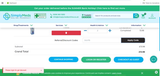 Simply Meds checkout page showing Simply Meds discount code box | Screenshot taken by SimplyCodes community member on Aug 27, 2025