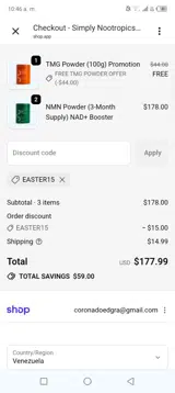 Simply Nootropics coupon verification screenshot