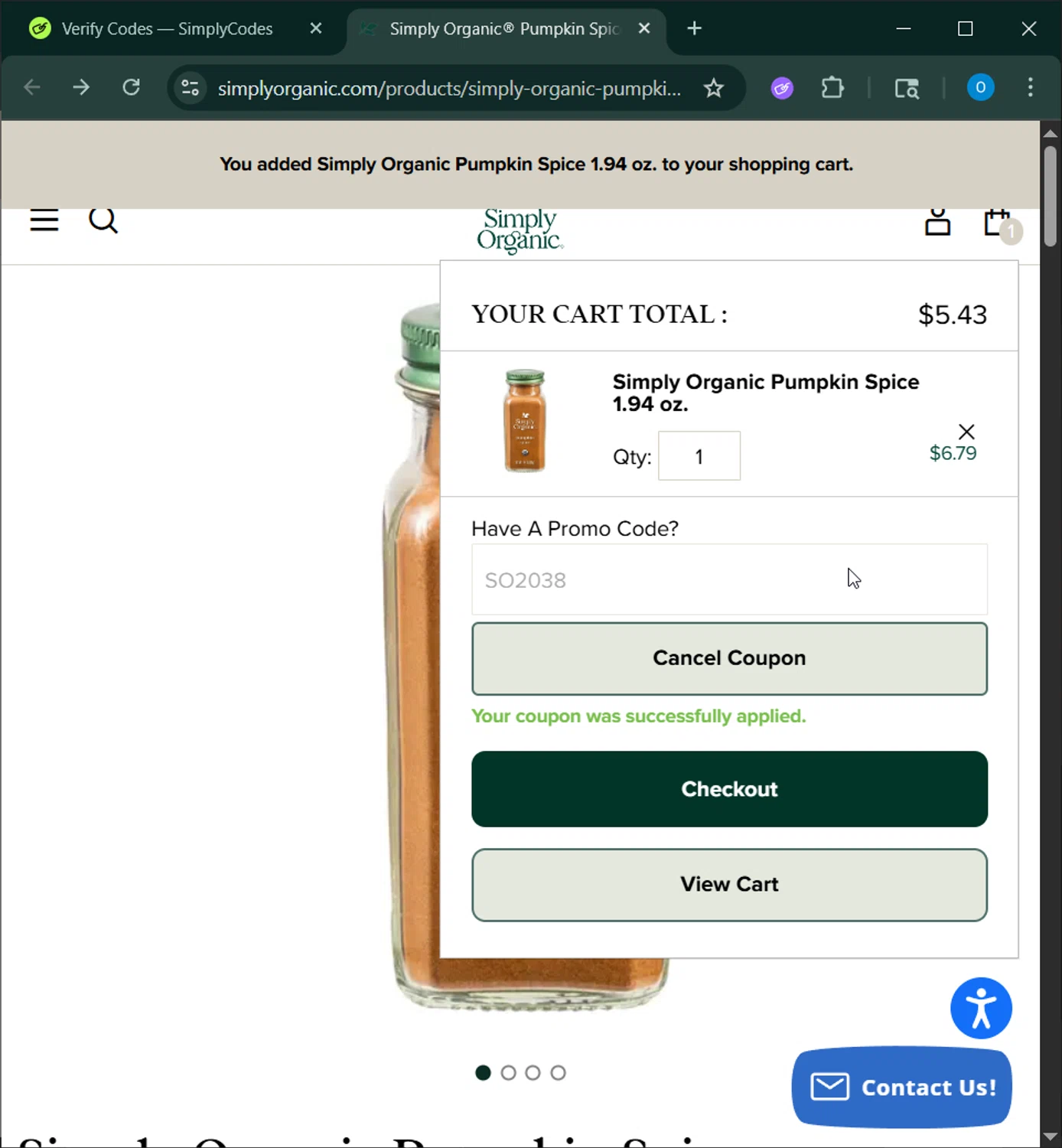Simply Organic discount code screenshot showing code SO2038 applied at Simply Organic checkout page. Uploaded by SimplyCodes community member RoyalSage9159 on Aug 28, 2025