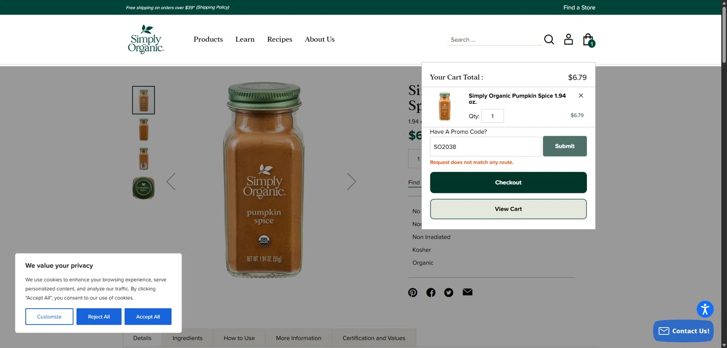 Simply Organic discount code screenshot showing code SO2038 applied at Simply Organic checkout page. Uploaded by SimplyCodes community member TokenNavigator3088 on Sep 20, 2025