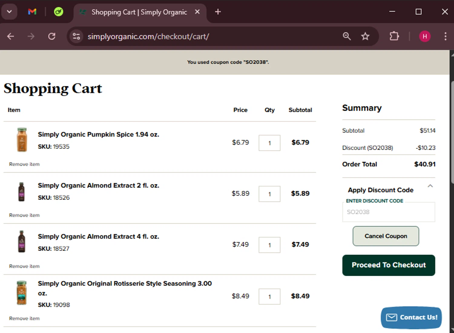 Simply Organic discount code screenshot showing code SO2038 applied at Simply Organic checkout page. Uploaded by SimplyCodes community member RewardWarden8289 on Apr 24, 2025