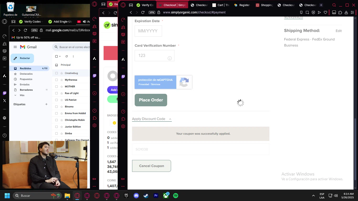 Simply Organic discount code screenshot showing code SO1038 applied at Simply Organic checkout page. Uploaded by SimplyCodes community member Billyyou on May 26, 2025