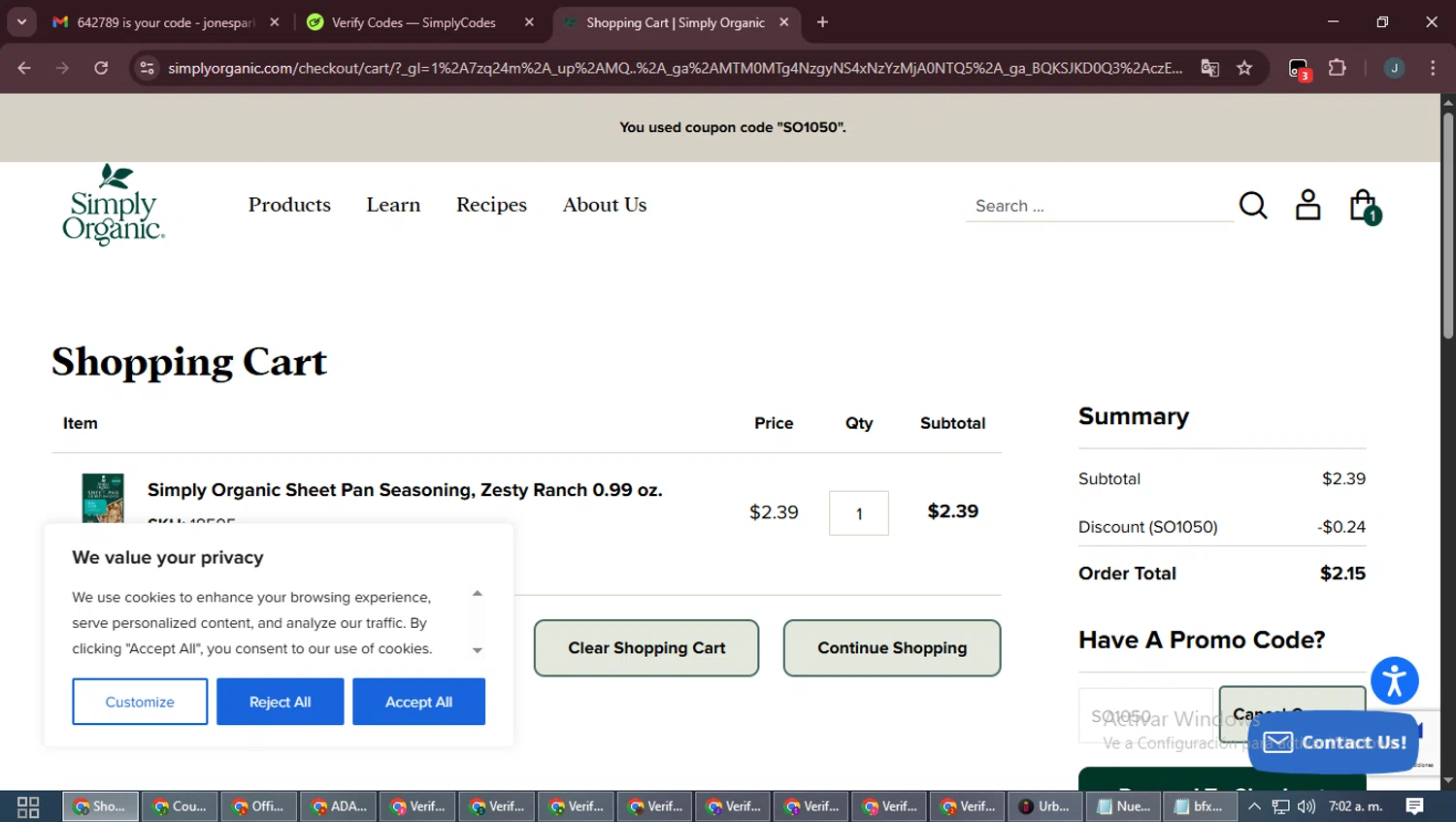 Simply Organic discount code screenshot showing code SO1050 applied at Simply Organic checkout page. Uploaded by SimplyCodes community member ScanLynx8928 on Nov 15, 2025