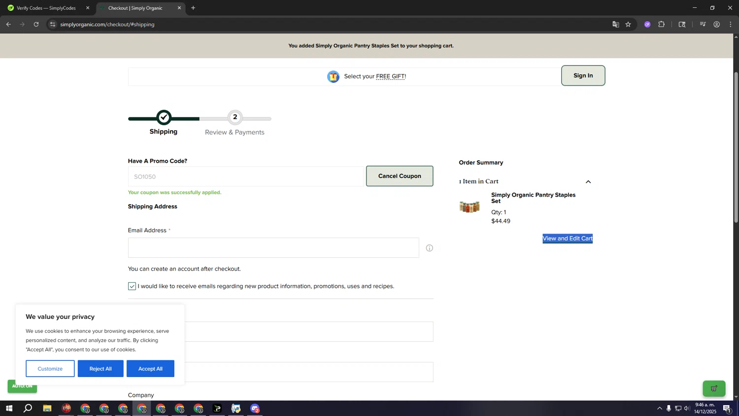 Simply Organic discount code screenshot showing code SO1050 applied at Simply Organic checkout page. Uploaded by SimplyCodes community member gggggggggggggggggggggg on Dec 14, 2025