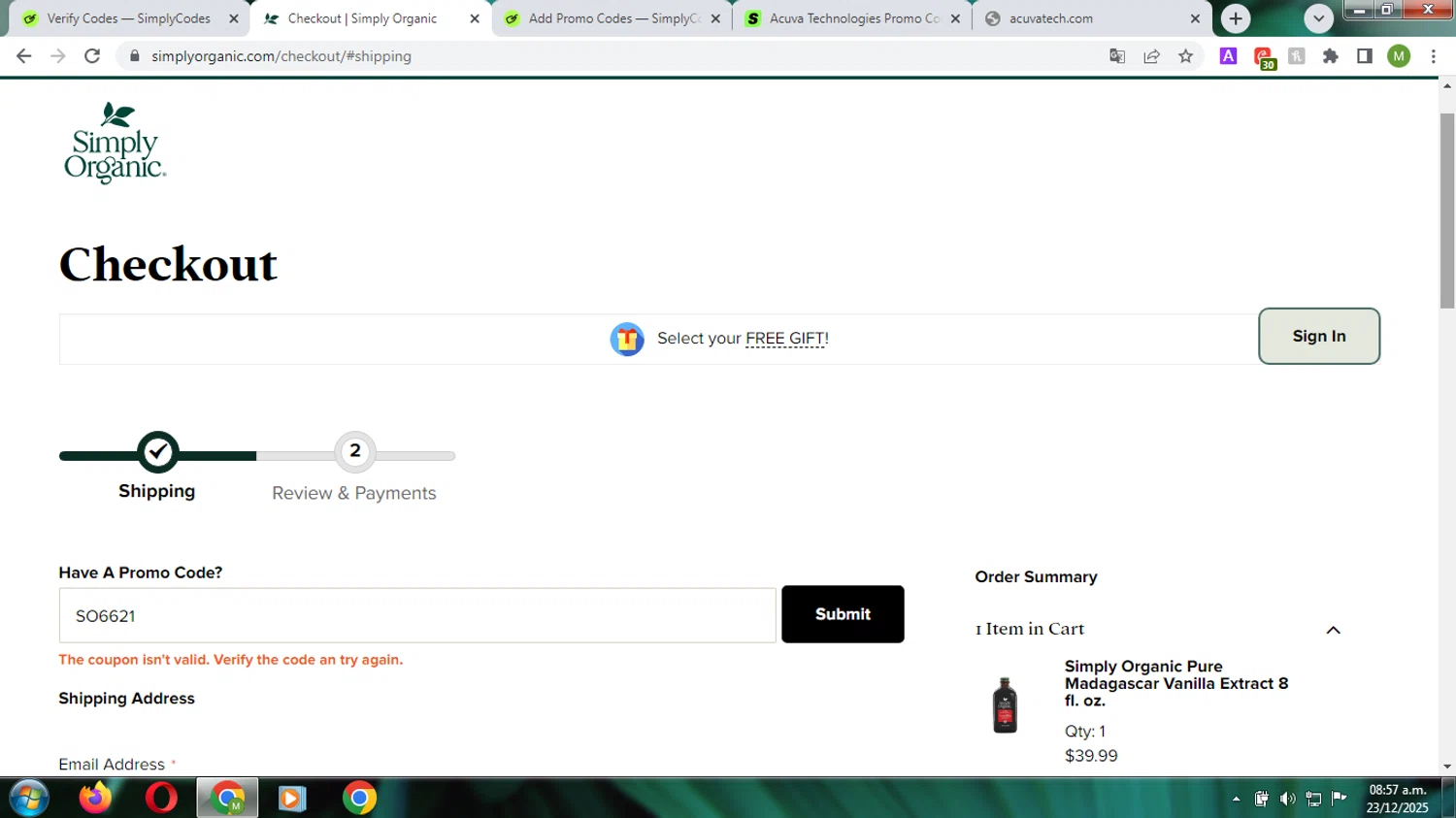 Simply Organic discount code screenshot showing code SO6621 applied at Simply Organic checkout page. Uploaded by SimplyCodes community member Diosprovee on Dec 23, 2025
