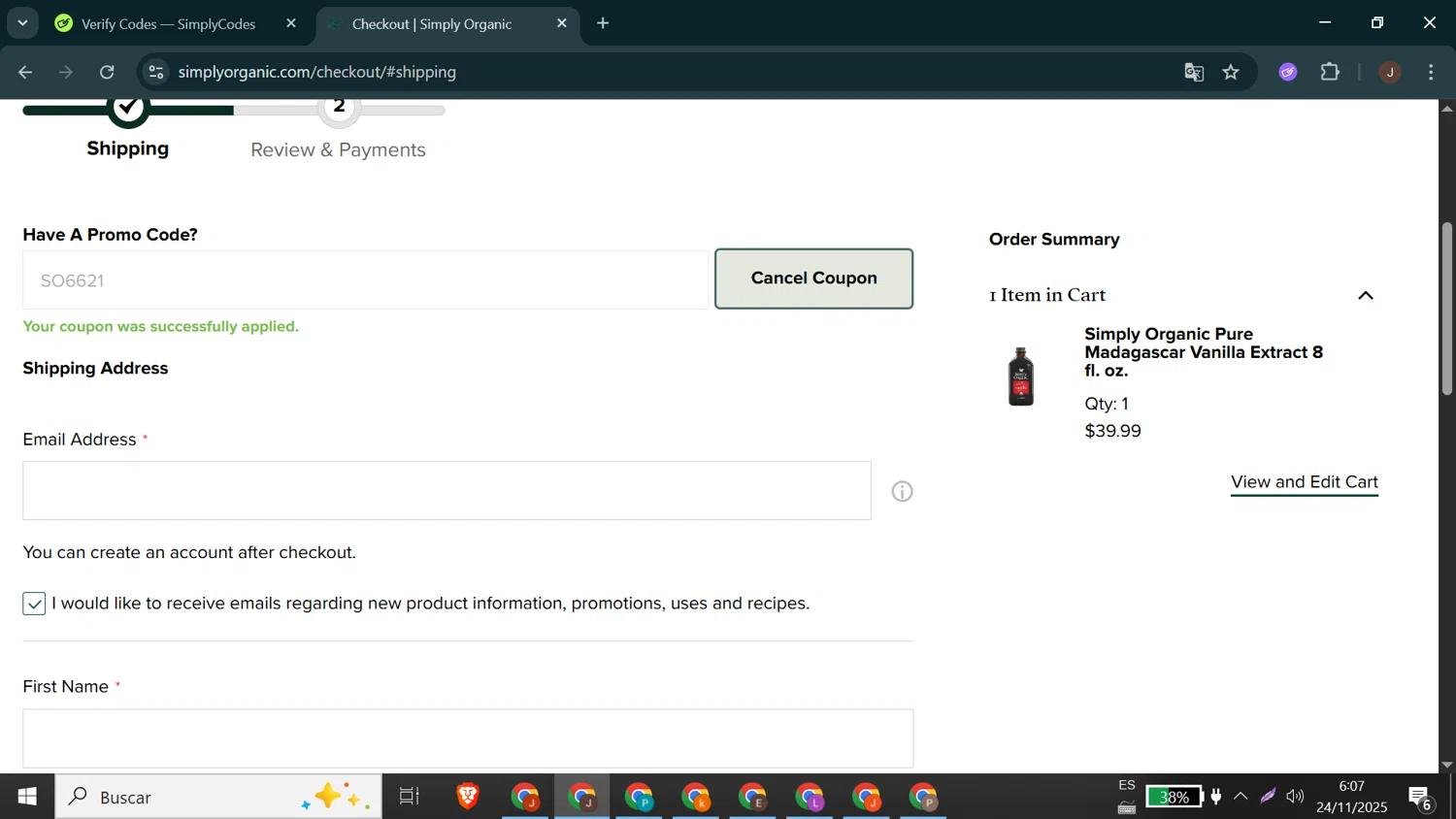 Simply Organic discount code screenshot showing code SO6621 applied at Simply Organic checkout page. Uploaded by SimplyCodes community member Jeffersontorrealba on Nov 24, 2025