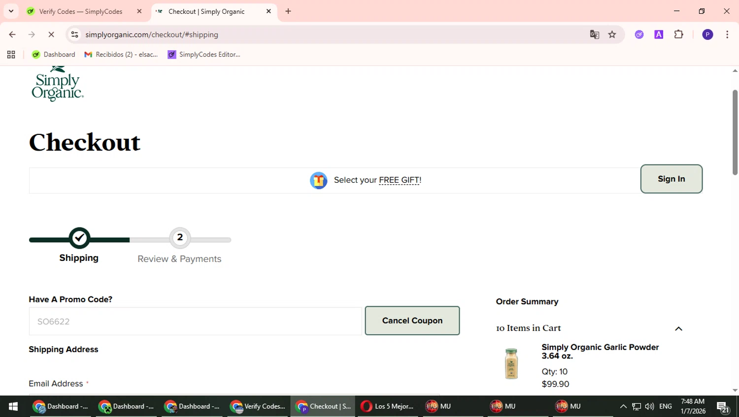 Simply Organic checkout page showing Simply Organic discount code box | Screenshot taken by SimplyCodes community member on Jan 7, 2026