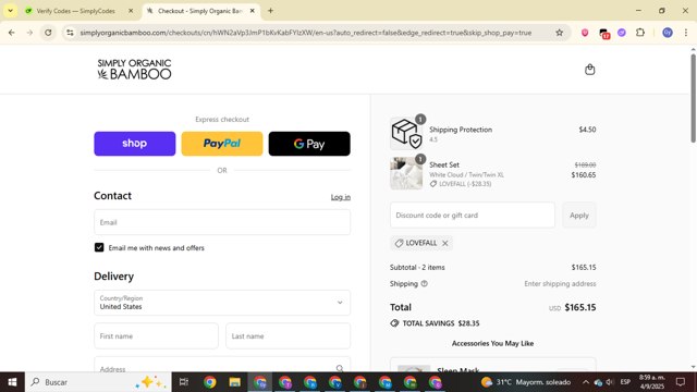 Simply Organic Bamboo checkout page showing Simply Organic Bamboo coupon code box | Screenshot taken by SimplyCodes community member on Sep 4, 2025