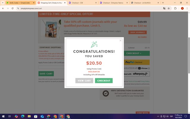 Simply to Impress checkout page showing Simply to Impress promo code box | Screenshot taken by SimplyCodes community member on Mar 19, 2025