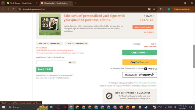 Simply to Impress checkout page showing Simply to Impress promo code box | Screenshot taken by SimplyCodes community member on Mar 19, 2025