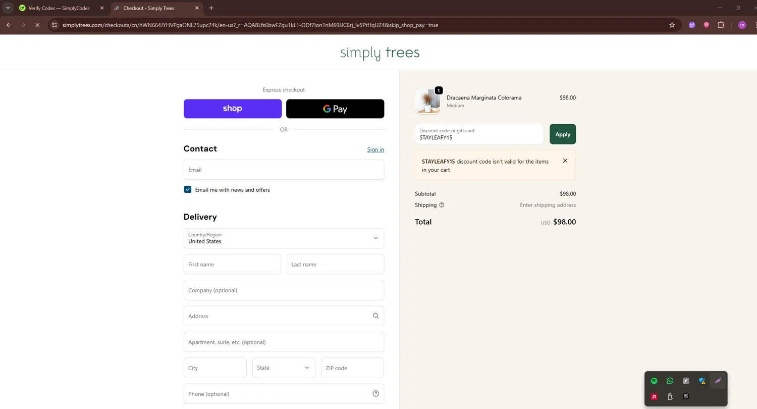 Simply Trees discount code screenshot showing code STAYLEAFY15 applied at Simply Trees checkout page. Uploaded by SimplyCodes community member PennyWizard1195 on Dec 5, 2025