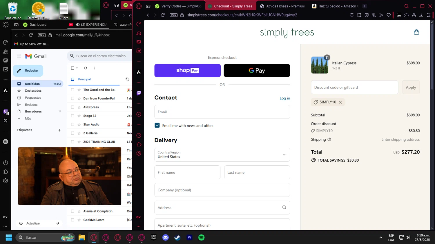 Simply Trees discount code screenshot showing code SIMPLY10 applied at Simply Trees checkout page. Uploaded by SimplyCodes community member Billyyou on Aug 27, 2025