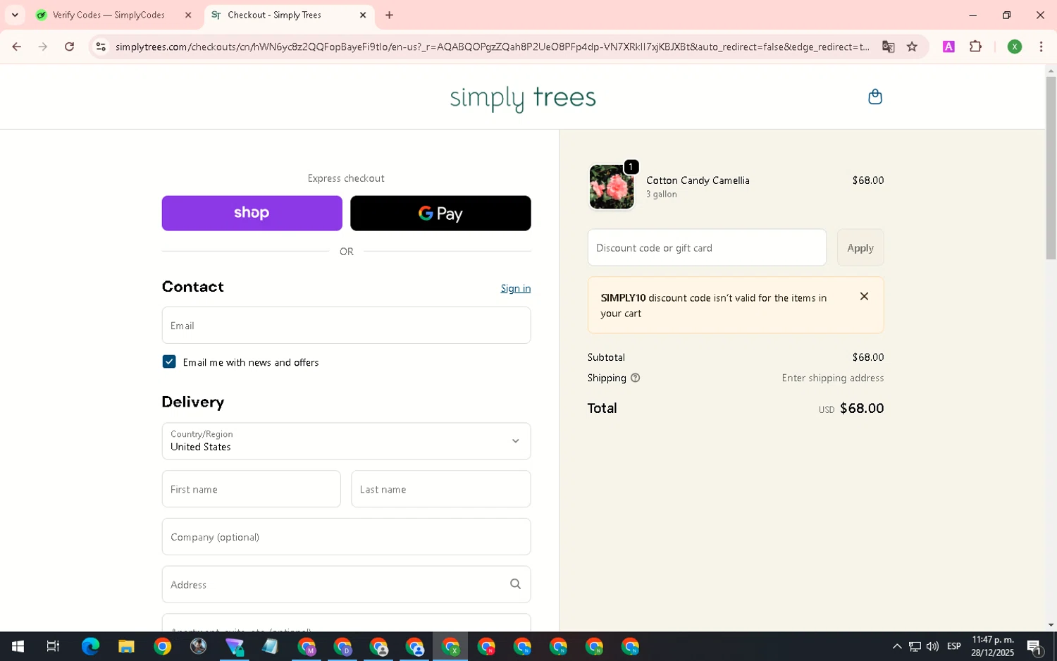 Simply Trees discount code screenshot showing code SIMPLY10 applied at Simply Trees checkout page. Uploaded by SimplyCodes community member SaleTiger1087 on Dec 29, 2025