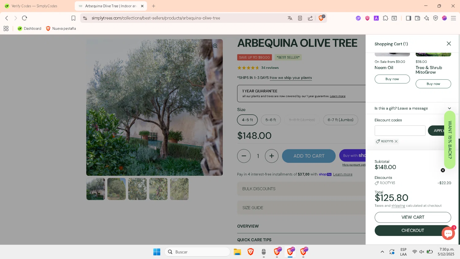 Simply Trees discount code screenshot showing code ROOTY15 applied at Simply Trees checkout page. Uploaded by SimplyCodes community member TokenTitan4464 on Dec 5, 2025