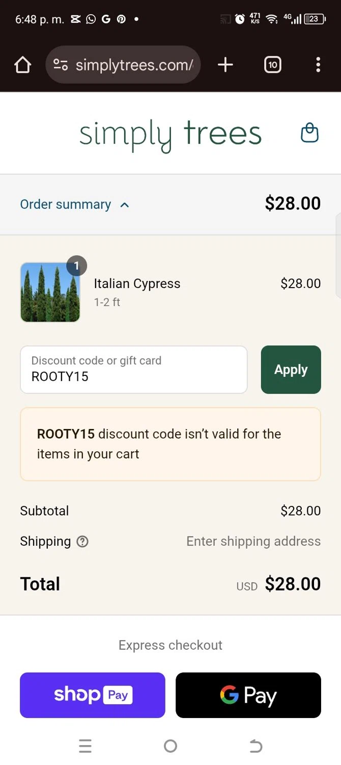 Simply Trees discount code screenshot showing code ROOTY15 applied at Simply Trees checkout page. Uploaded by SimplyCodes community member kellymoreno on Jul 27, 2025