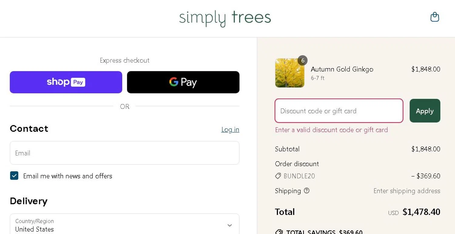 Simply Trees discount code screenshot showing code SAVEMORE30 applied at Simply Trees checkout page. Uploaded by SimplyCodes community member Gonzalez010203 on Mar 27, 2025