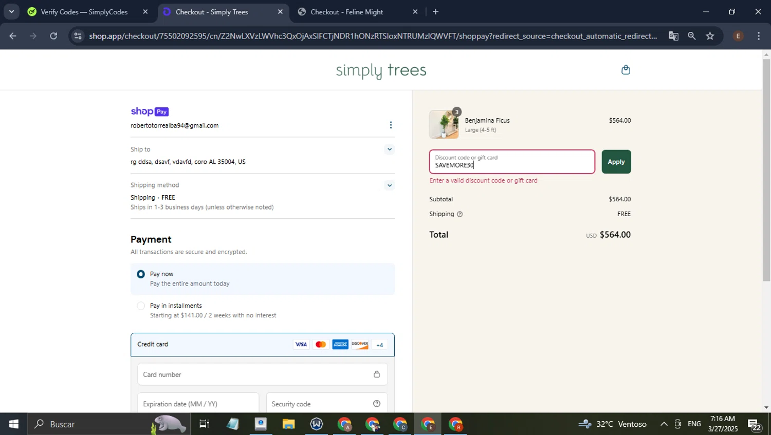 Simply Trees discount code screenshot showing code SAVEMORE30 applied at Simply Trees checkout page. Uploaded by SimplyCodes community member WonderPilot3689 on Mar 27, 2025