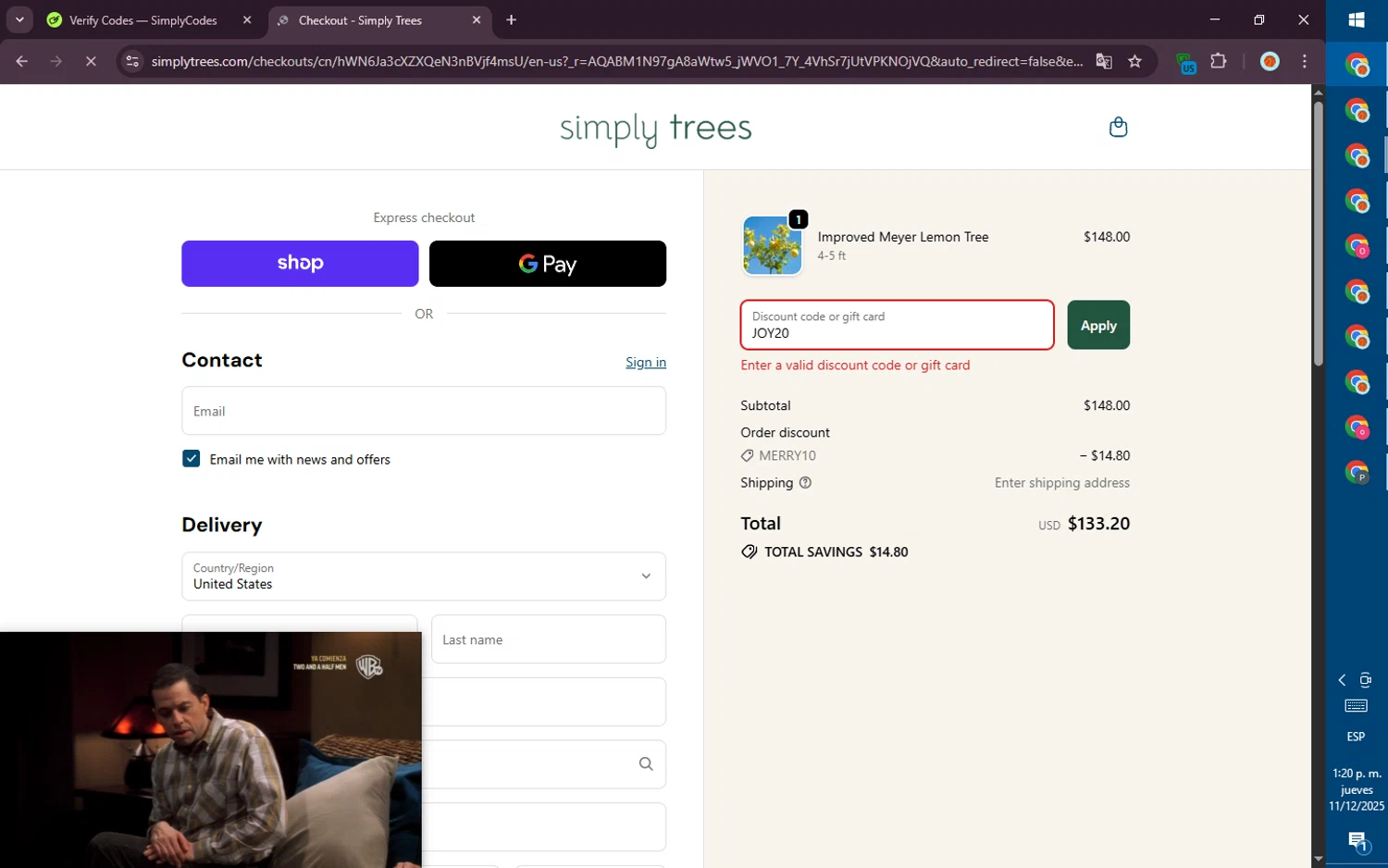 Simply Trees discount code screenshot showing code JOY20 applied at Simply Trees checkout page. Uploaded by SimplyCodes community member PromoVoyager8446 on Dec 11, 2025