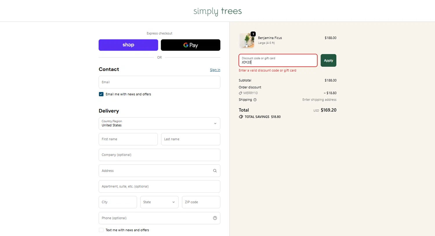 Simply Trees discount code screenshot showing code JOY20 applied at Simply Trees checkout page. Uploaded by SimplyCodes community member geraldineslares on Dec 11, 2025