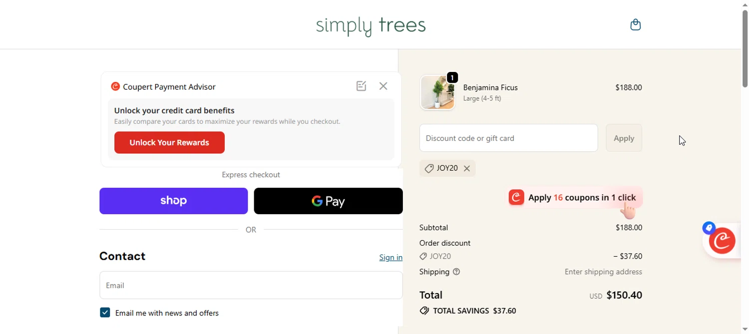 Simply Trees discount code screenshot showing code JOY20 applied at Simply Trees checkout page. Uploaded by SimplyCodes community member armalissolorzano1 on Dec 7, 2025