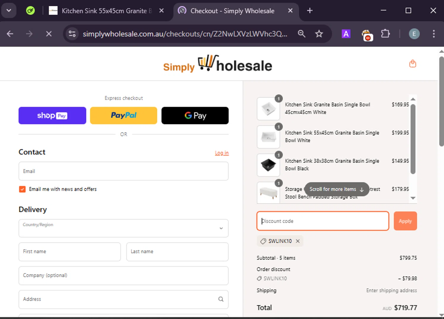 Simply Wholesale promo code screenshot showing code SWLINK10 applied at Simply Wholesale checkout page. Uploaded by SimplyCodes community member LuckyExpert7689 on Apr 3, 2025