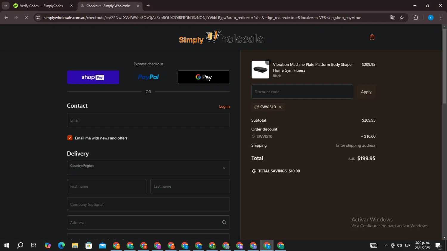 Simply Wholesale promo code screenshot showing code SWVIS10 applied at Simply Wholesale checkout page. Uploaded by SimplyCodes community member CouponPhoenix3444 on Jan 28, 2025