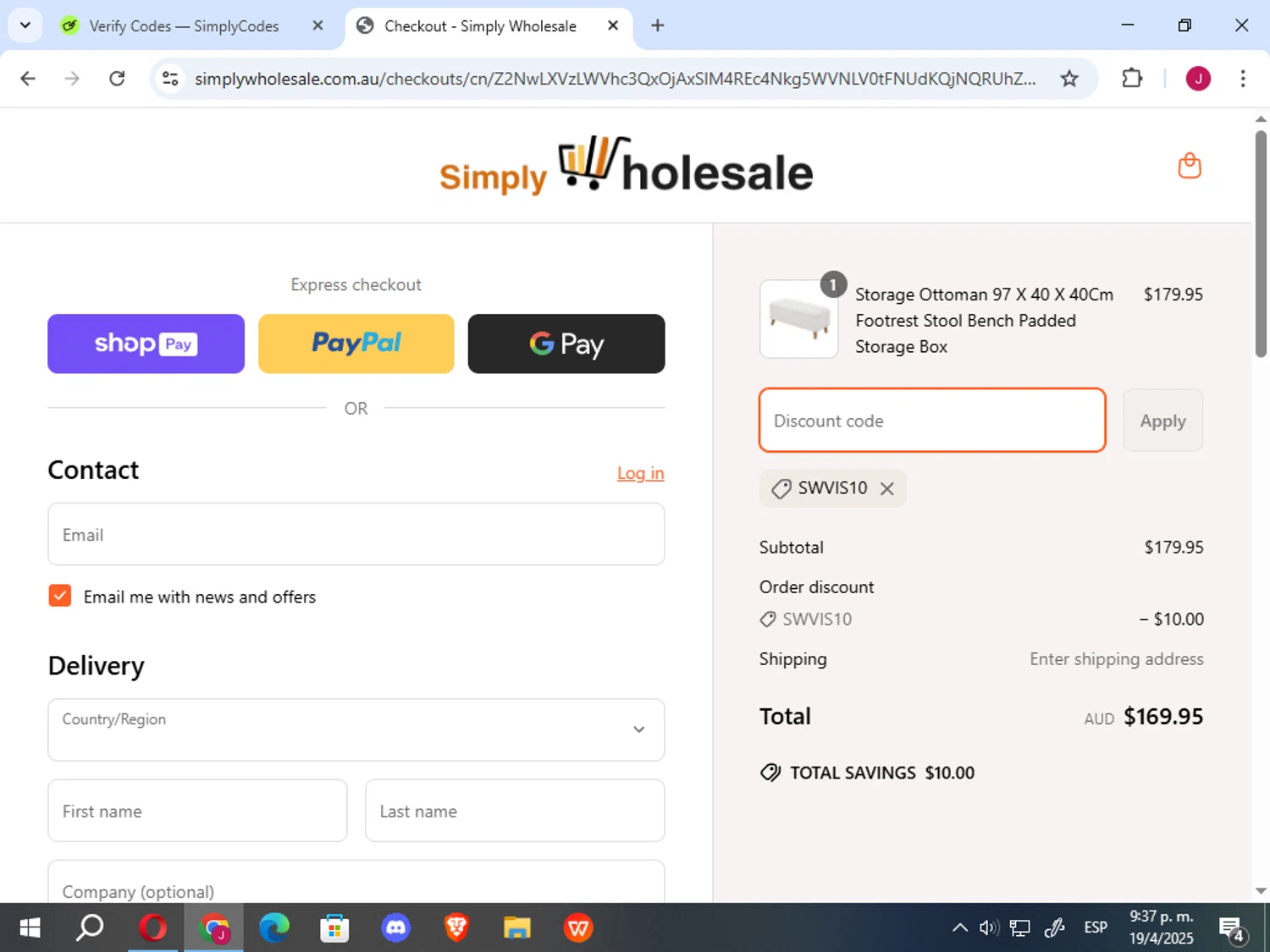 Simply Wholesale promo code screenshot showing code SWVIS10 applied at Simply Wholesale checkout page. Uploaded by SimplyCodes community member vergil_lains on Apr 20, 2025