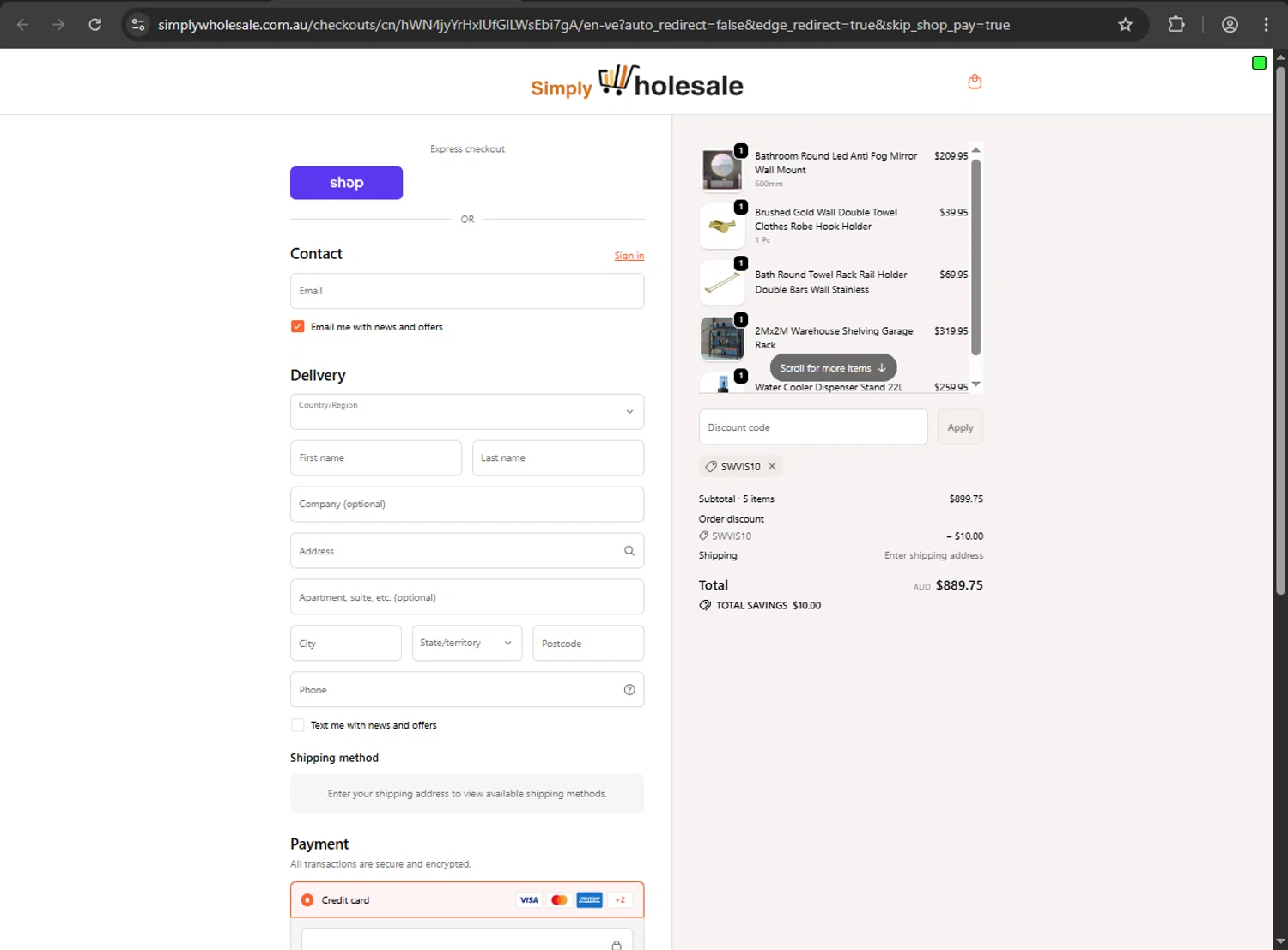 Simply Wholesale promo code screenshot showing code SWVIS10 applied at Simply Wholesale checkout page. Uploaded by SimplyCodes community member webopeluo on Oct 31, 2025