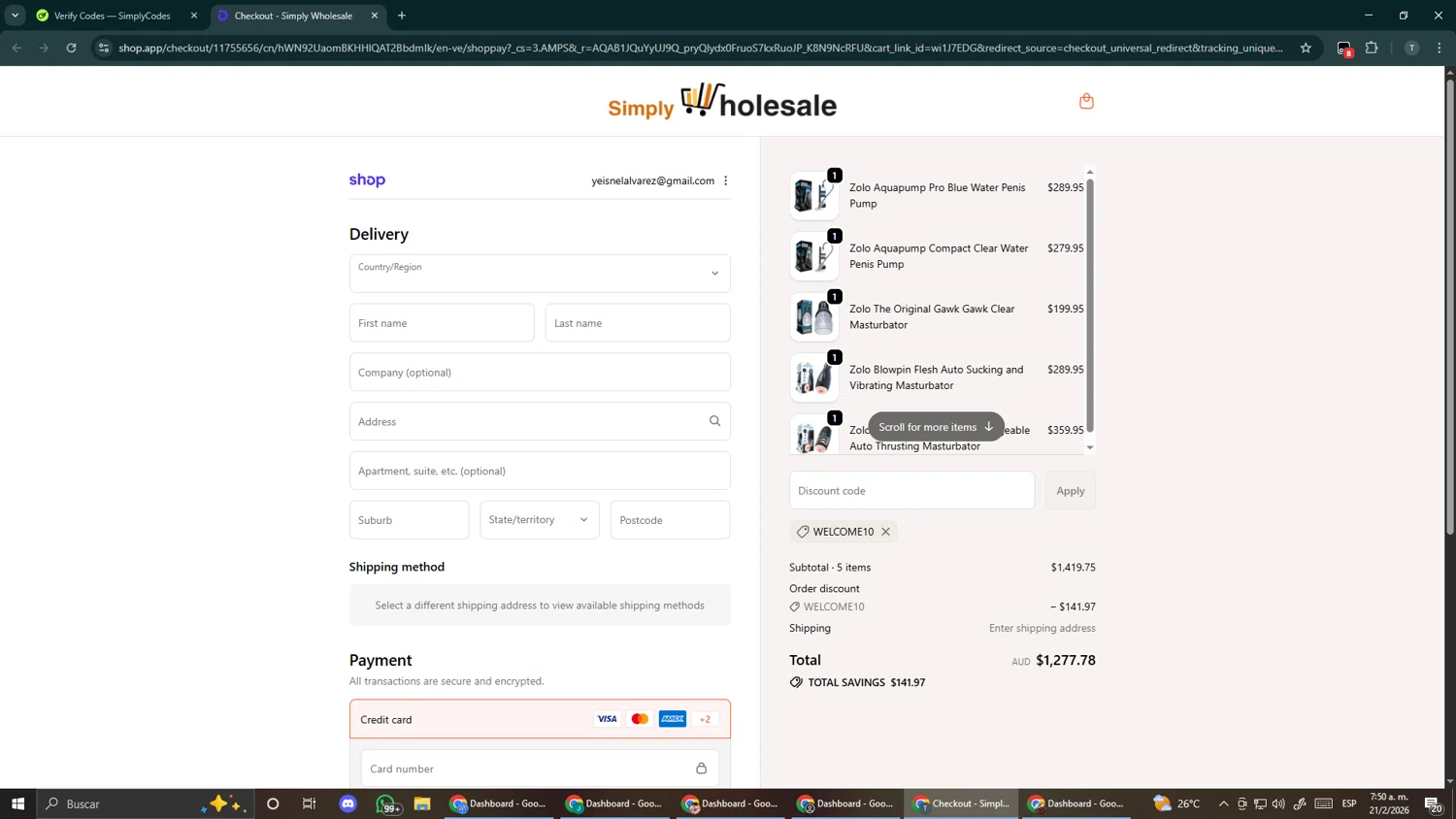 Simply Wholesale checkout page showing Simply Wholesale promo code box | Screenshot taken by SimplyCodes community member on Feb 21, 2026