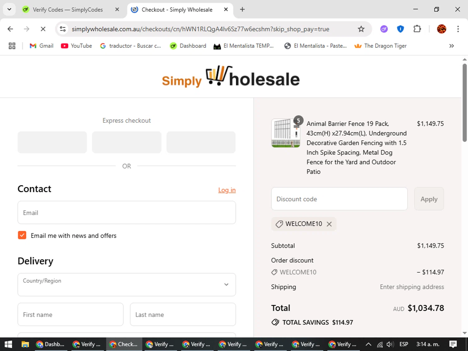Simply Wholesale promo code screenshot showing code WELCOME10 applied at Simply Wholesale checkout page. Uploaded by SimplyCodes community member Rodolfo on Aug 5, 2025