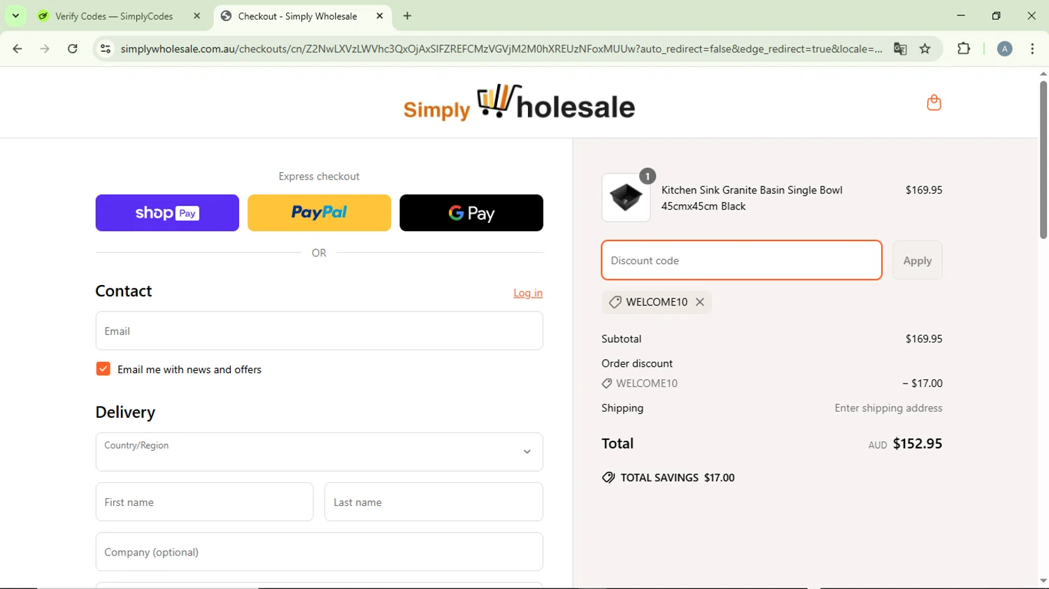 Simply Wholesale promo code screenshot showing code WELCOME10 applied at Simply Wholesale checkout page. Uploaded by SimplyCodes community member DiscountVirtuoso6243 on Apr 3, 2025