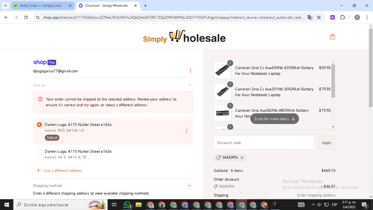 Simply Wholesale promo code screenshot showing code 5MX3PN applied at Simply Wholesale checkout page. Uploaded by SimplyCodes community member Alejandria on Apr 3, 2025
