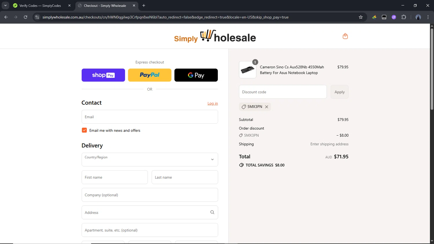 Simply Wholesale promo code screenshot showing code 5MX3PN applied at Simply Wholesale checkout page. Uploaded by SimplyCodes community member Time_sin_filtro on Jul 20, 2025