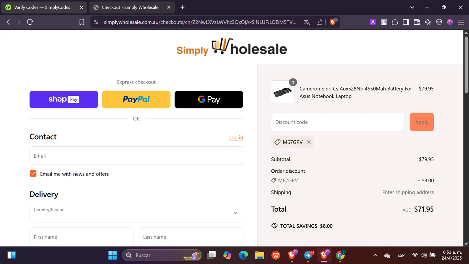 Simply Wholesale promo code screenshot showing code M67GRV applied at Simply Wholesale checkout page. Uploaded by SimplyCodes community member Toji_fushiguro on Apr 24, 2025