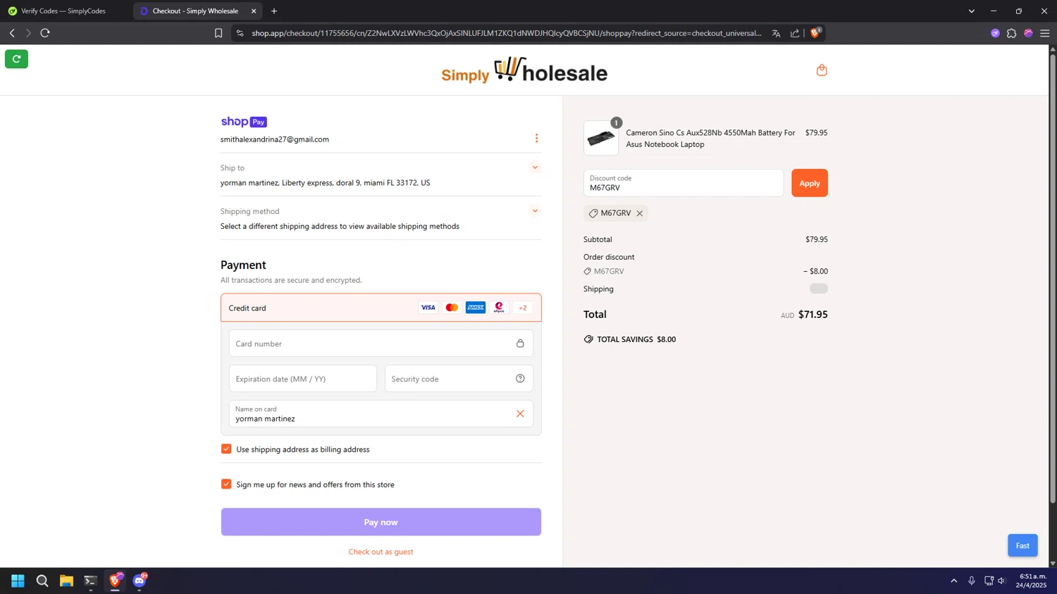 Simply Wholesale promo code screenshot showing code M67GRV applied at Simply Wholesale checkout page. Uploaded by SimplyCodes community member MRYORMAN on Apr 24, 2025