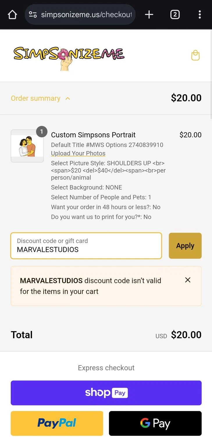 Simpsonize Me discount code screenshot showing code MARVALESTUDIOS applied at Simpsonize Me checkout page. Uploaded by SimplyCodes community member ComeBurra123 on Feb 8, 2025